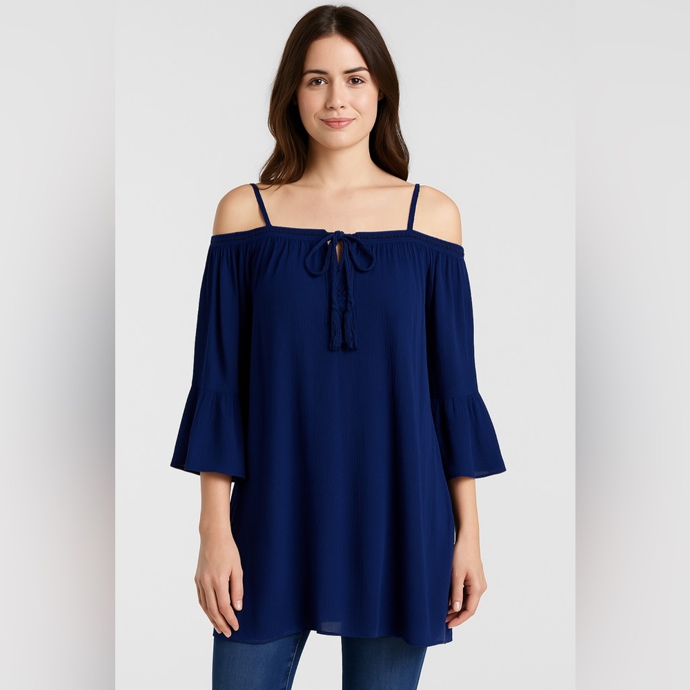 Toska Navy Off Shoulder Boho Tassel Lace-Up Top Sz S